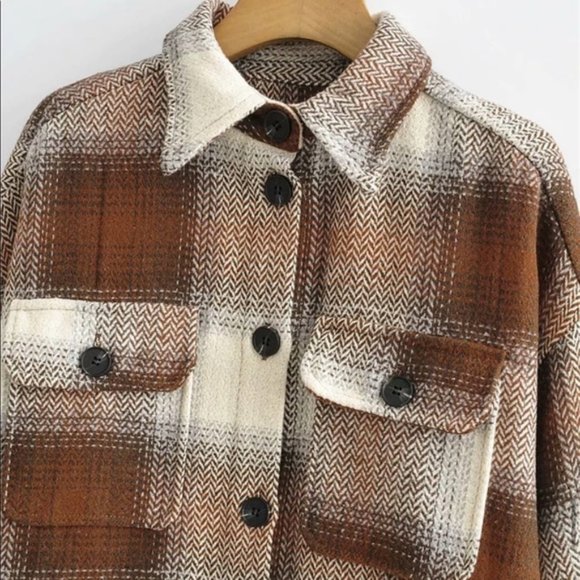 Boyfriend Fit Plaid Jacket Coat Brown Trucker - Picture 16 of 16